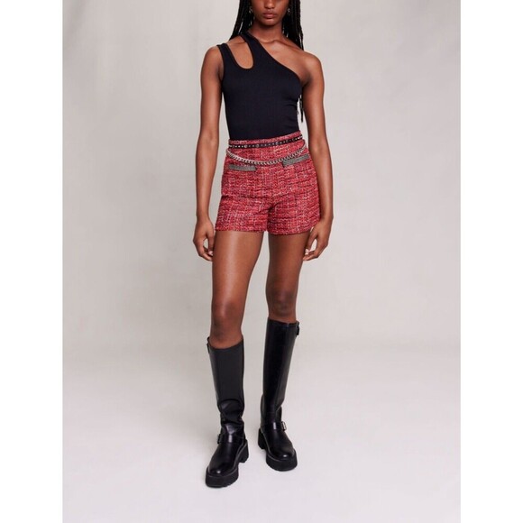 Maje Red High Waisted Boucle Shorts Tweed Parisian Preppy Women’s Size 40 Large - Picture 1 of 11